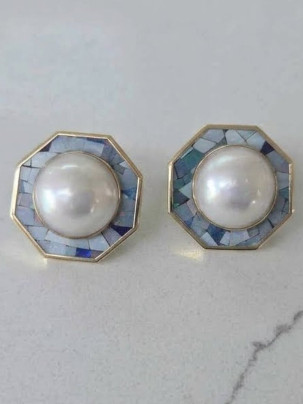 14K Gold Mabe Pearl Opal Inlay Earrings Peter Brams PBD Vintage Octagonal Mosaic